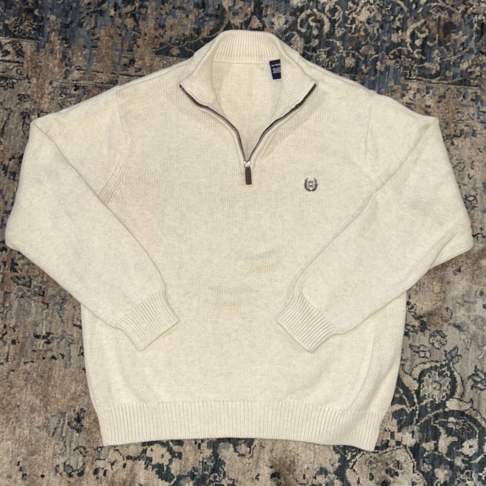 EUC Mens Chaps Zippered Mock Neck Sweater, XL Cream With Navy emblem